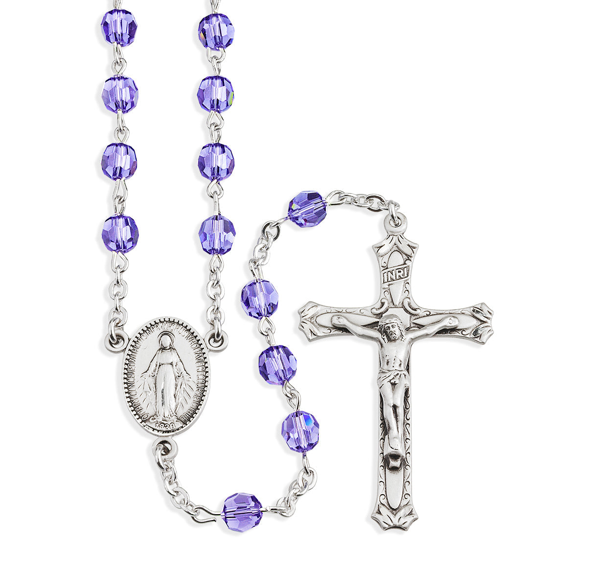 Rosary Sterling Crucifix and Centerpiece Created with finest Austrian Crystal 6mm Faceted Round Tanzanite Beads by HMH