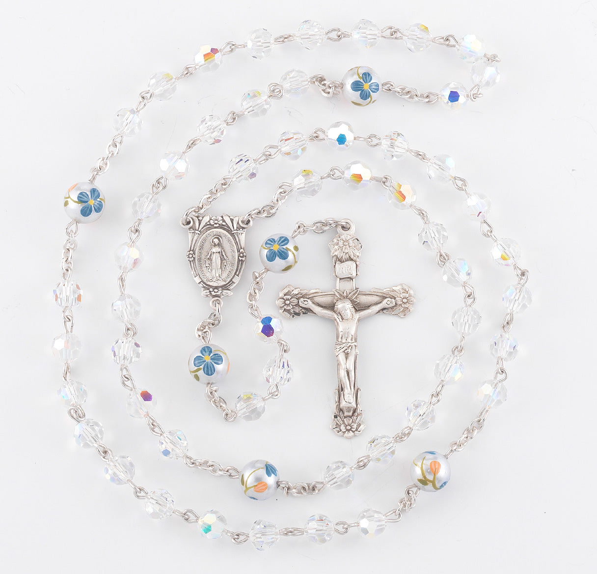 Rosary Sterling Crucifix and Centerpiece Created with finest Austrian Crystal 6mm Faceted Aurora Borealis Beads by HMH