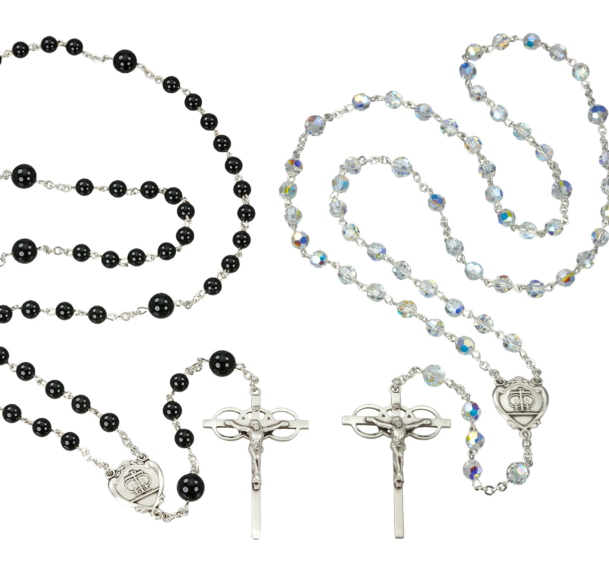Wedding Rosary Sterling Crucifix and Centerpiece Set Created with finest Austrian Crystal 6mm Aurora Borealis Beads and 6mm Onyx Beads by HMH