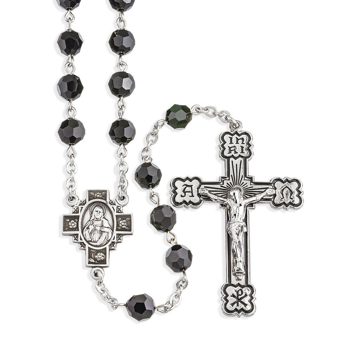 Rosary Sterling Crucifix and Centerpiece Created with finest Austrian Crystal 7mm Faceted Jet Black Beads by HMH | .925 Silver