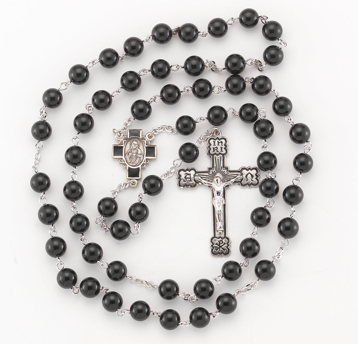 Rosary Sterling Crucifix and Centerpiece Created with finest Austrian Crystal 7mm Faceted Jet Black Beads by HMH | .925 Silver