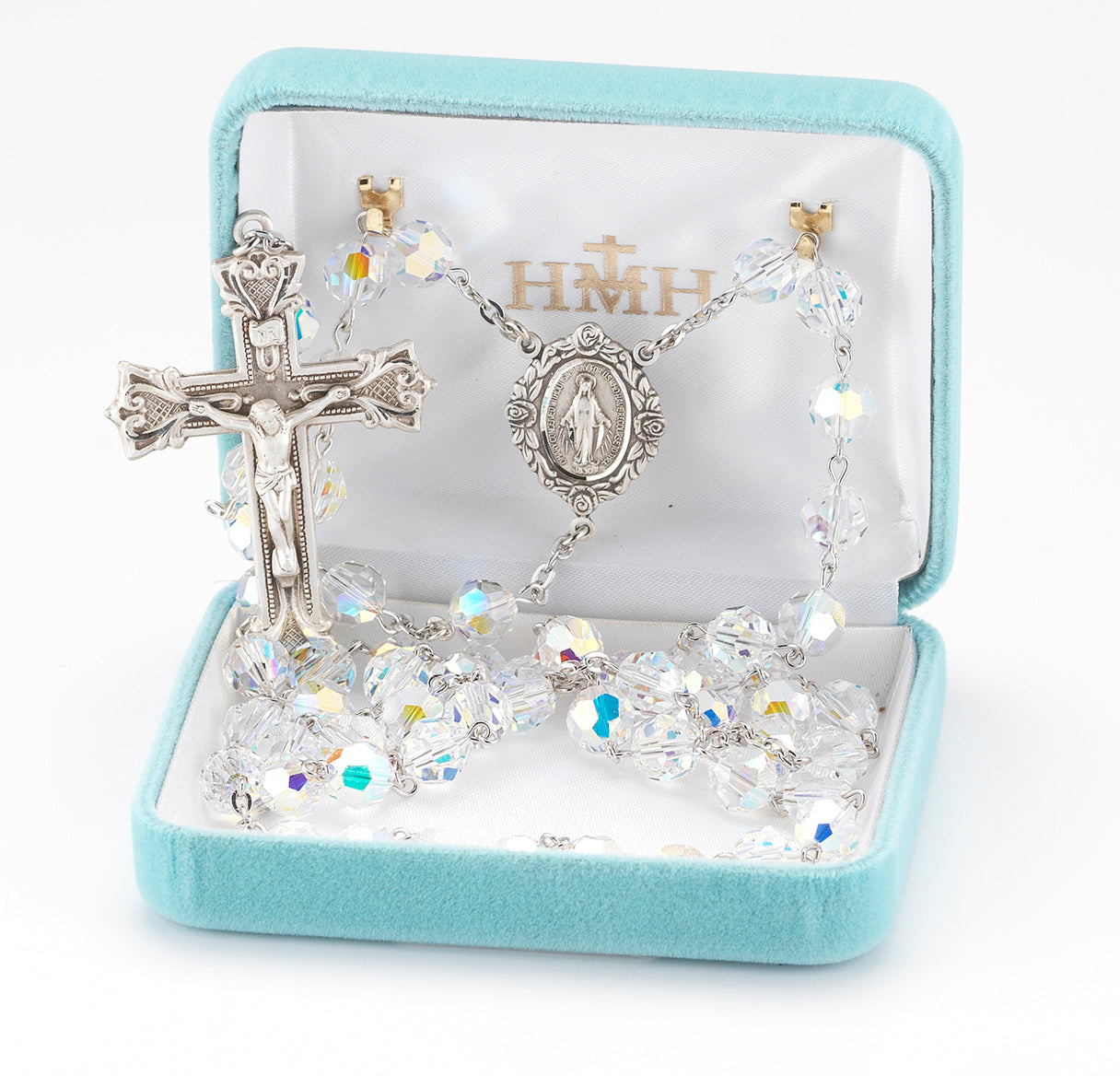 Rosary Sterling Crucifix and Centerpiece Created with finest Austrian Crystal 8mm Aurora Borealis Beads by HMH | .925 Silver