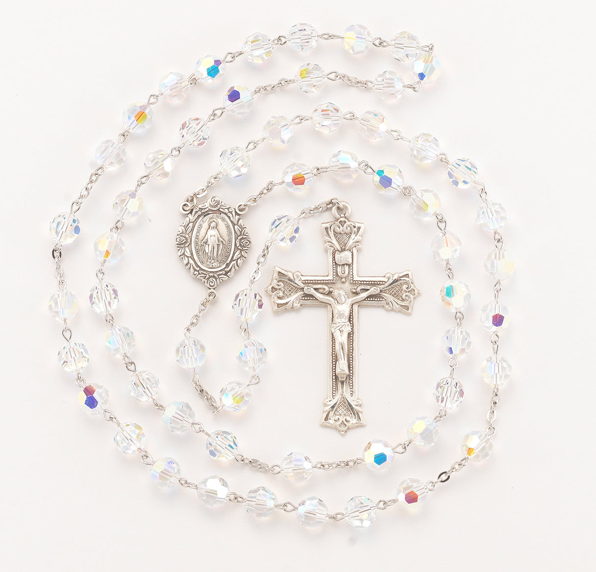 Rosary Sterling Crucifix and Centerpiece Created with finest Austrian Crystal 8mm Aurora Borealis Beads by HMH | .925 Silver