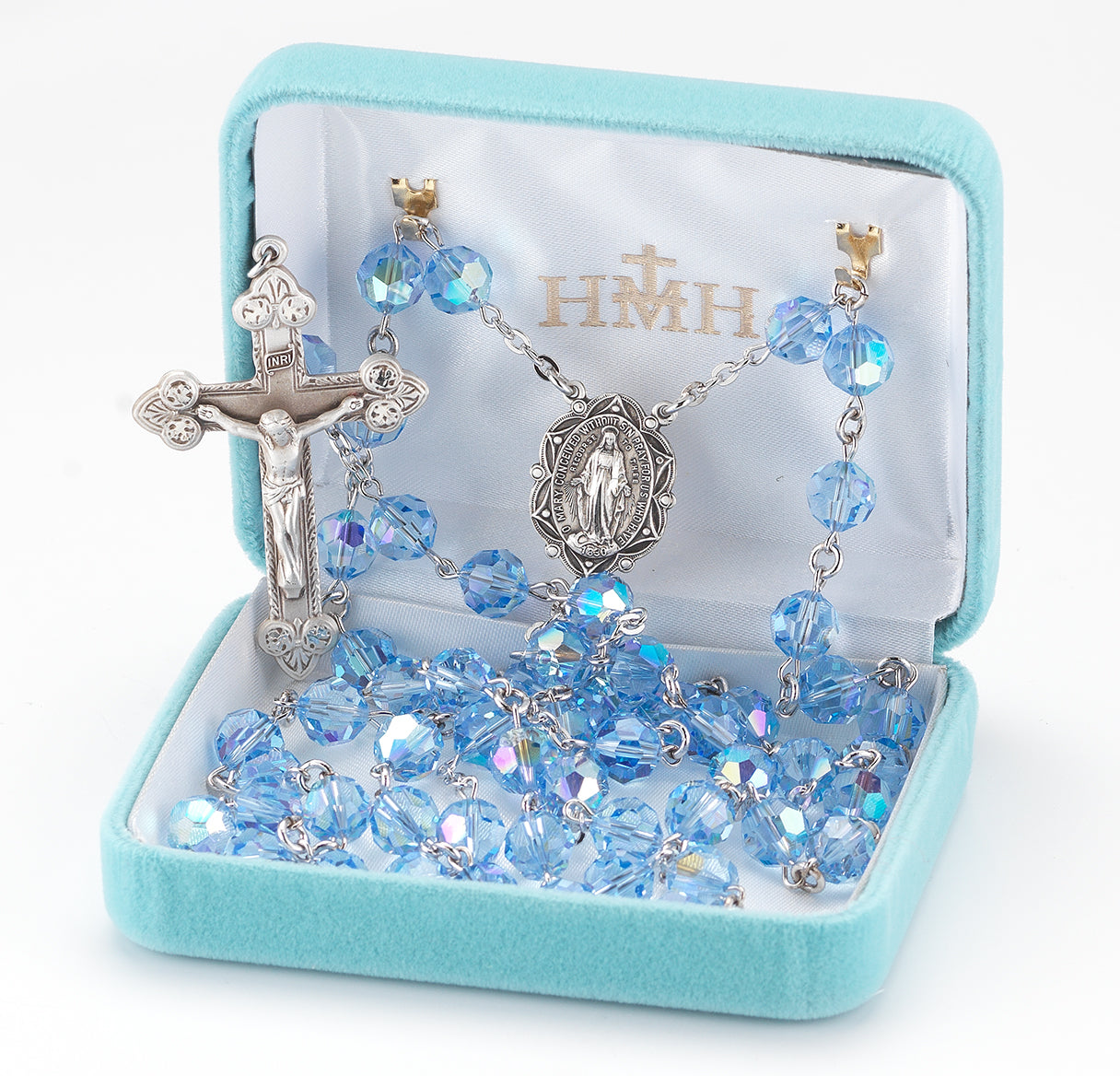 Rosary Sterling Crucifix and Centerpiece Created with finest Austrian Crystal 8mm Beads in Light Sapphire by HMH | .925 Silver