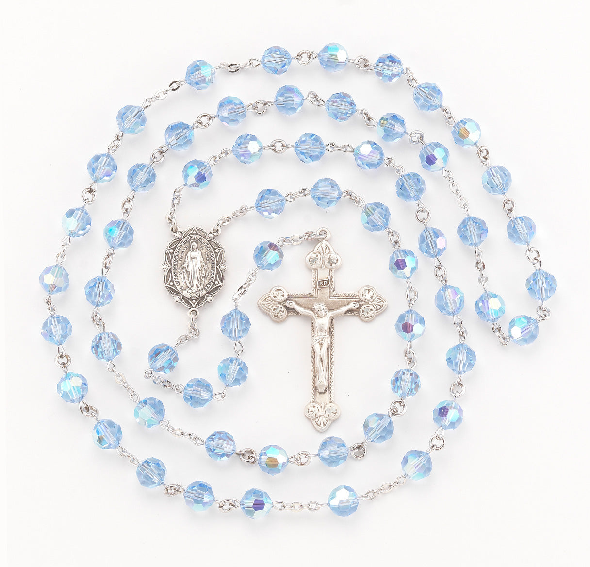 Rosary Sterling Crucifix and Centerpiece Created with finest Austrian Crystal 8mm Beads in Light Sapphire by HMH | .925 Silver