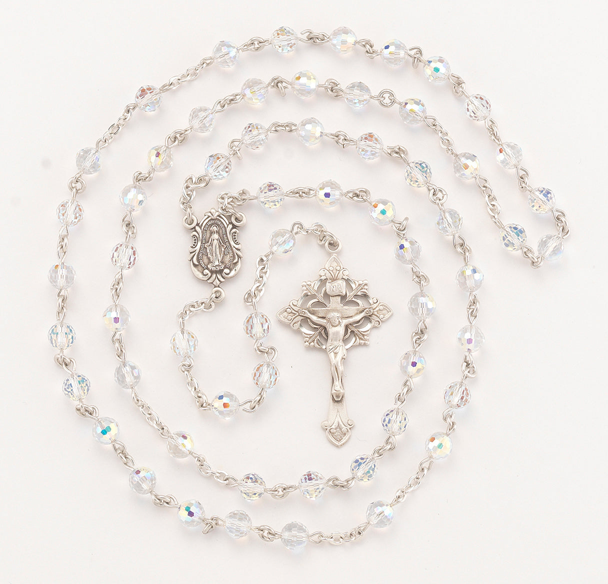 Rosary Sterling Crucifix and Centerpiece Created with finest Austrian Crystal 8mm Faceted Round Aurora Borealis Beads by HMH