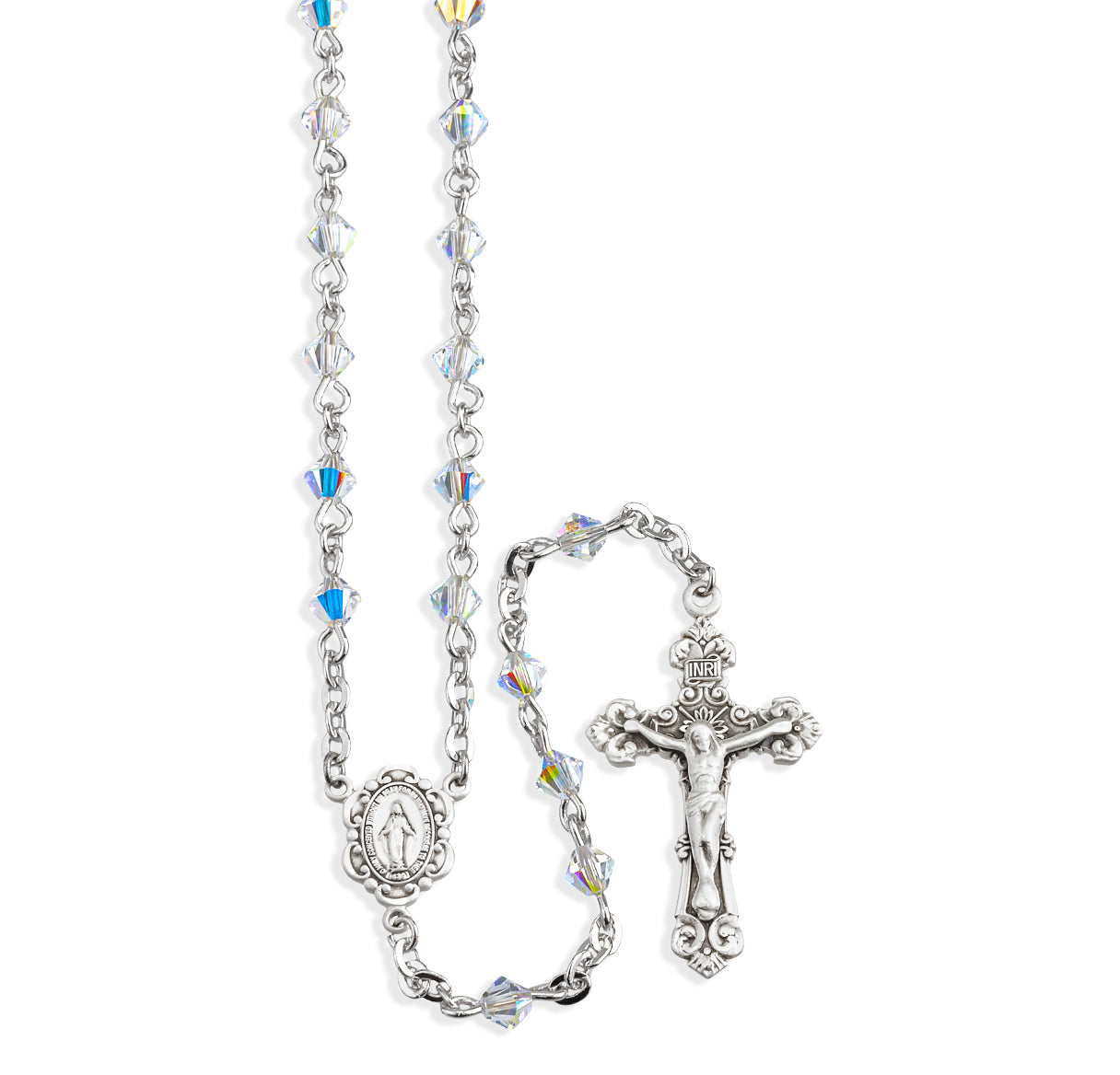 Rosary Sterling Crucifix and Centerpiece Created with finest Austrian Crystal 4mm Faceted Tin Cut Bicone Aurora Borealis Beads by HMH