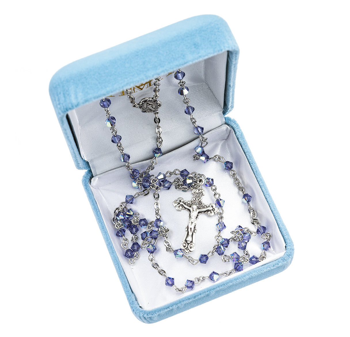 4mm Tanzanite Finest Crystal Bi-Cone Beads Necklace | Catholic Jewelry