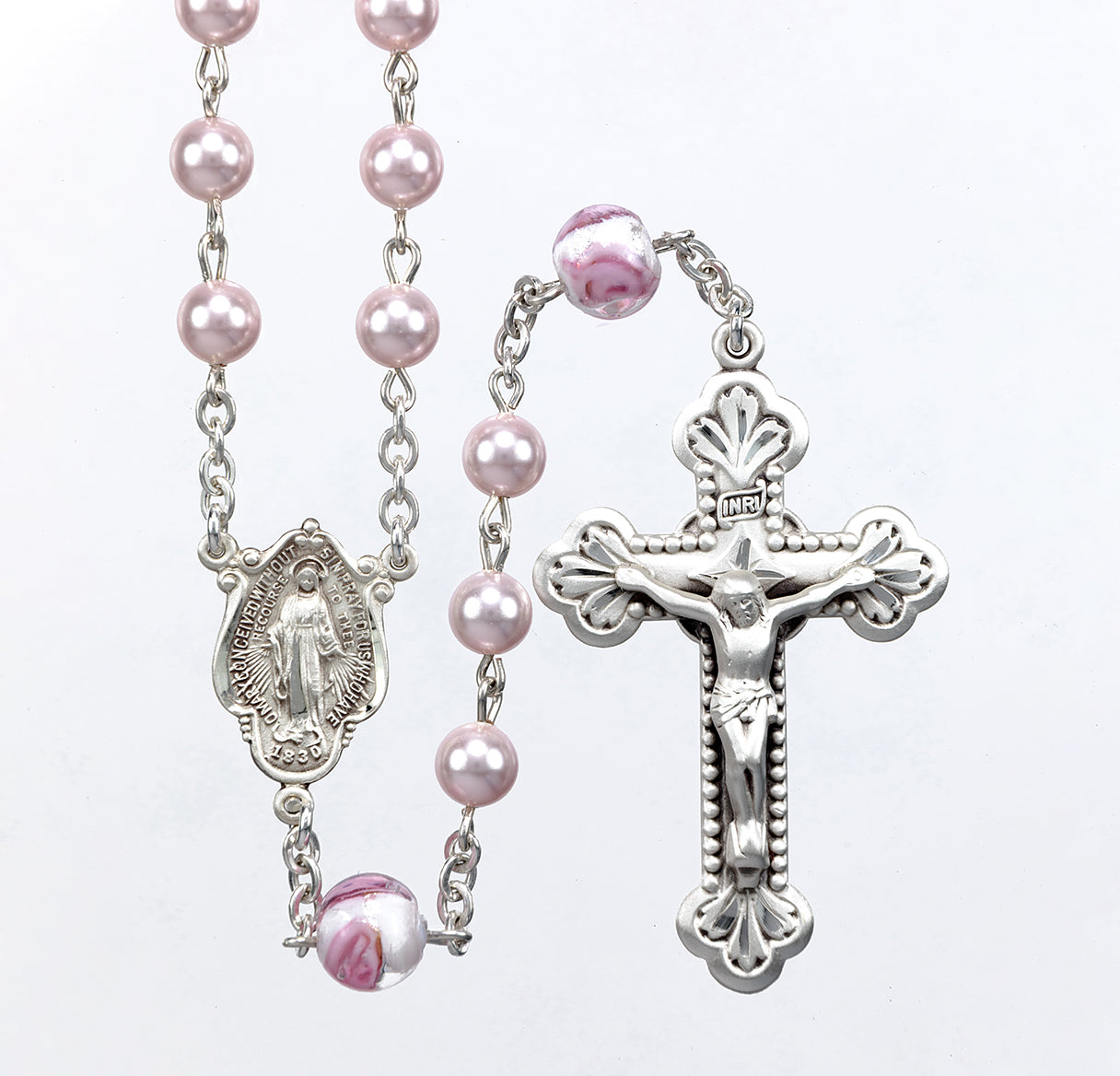 Rosary Sterling Crucifix and Centerpiece Created with finest Austrian Crystal 4mm Round Pearl Beads in Pink by HMH | .925 Silver