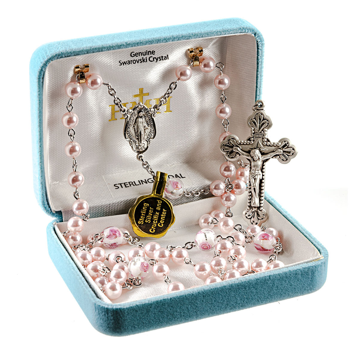 Rosary Sterling Crucifix and Centerpiece Created with finest Austrian Crystal 4mm Round Pearl Beads in Pink by HMH | .925 Silver
