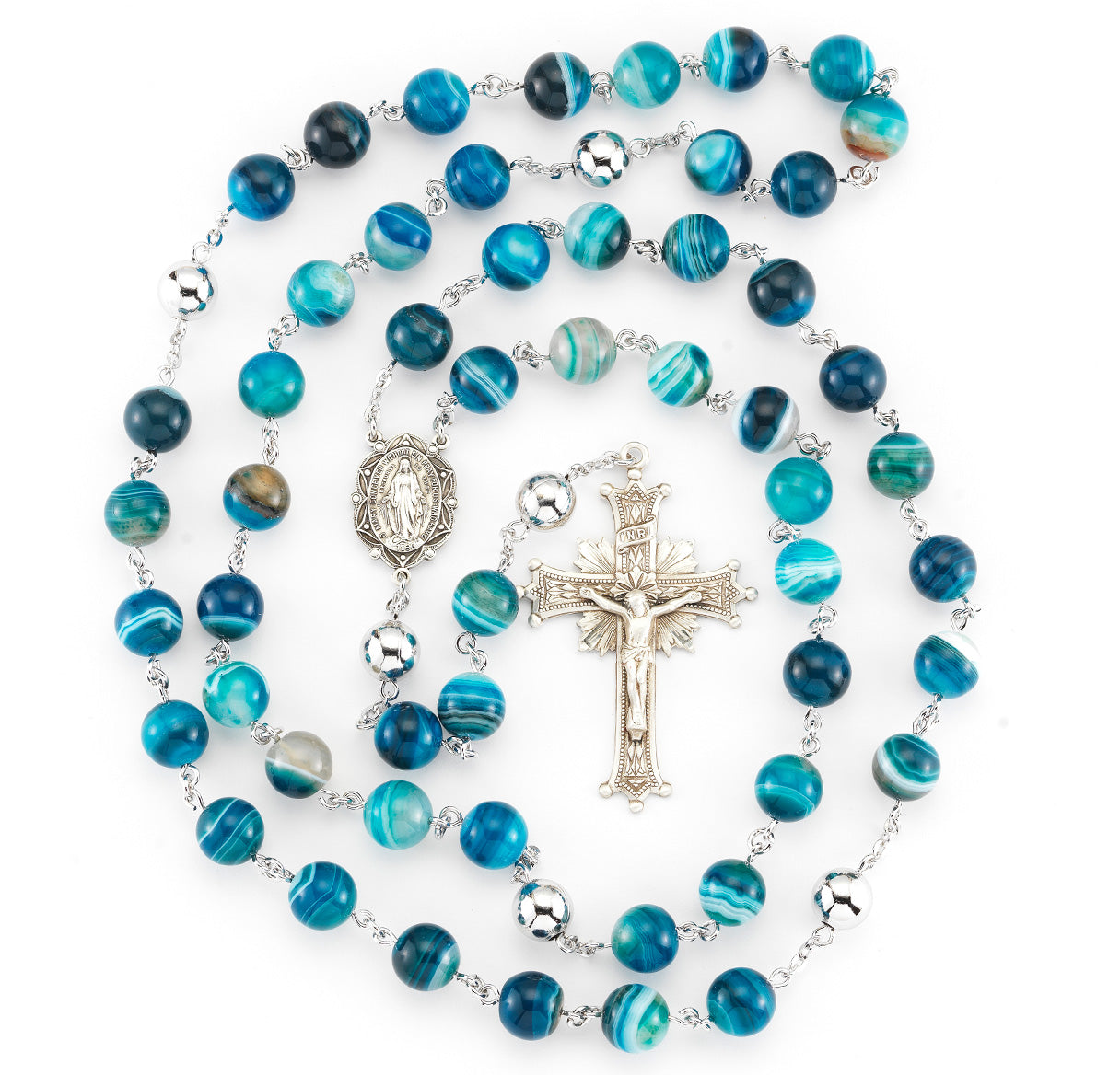 Striped Blue Agate Rosary Sterling Crucifix and Centerpiece | .925 Silver