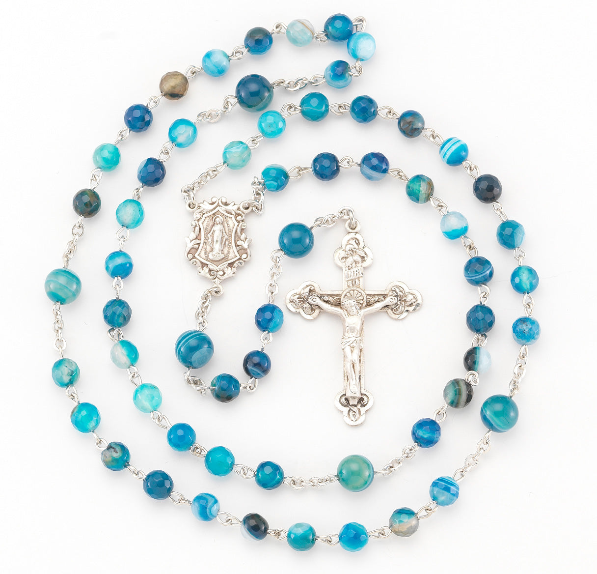 Round Blue Agate Bead Rosary Sterling Crucifix and Centerpiece | .925 Silver