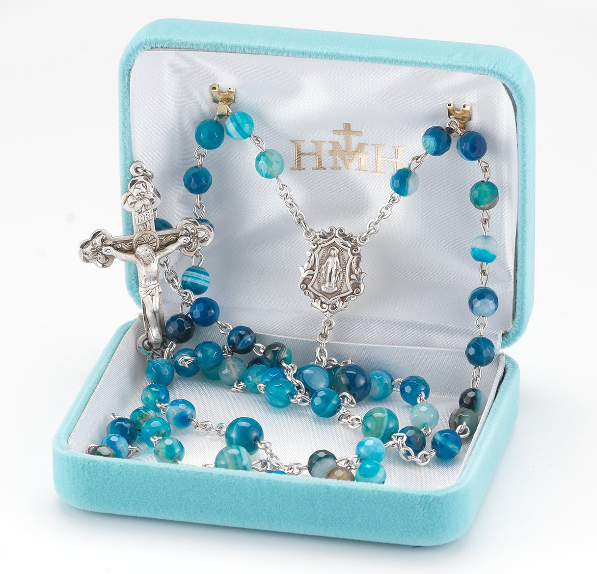 Round Blue Agate Bead Rosary Sterling Crucifix and Centerpiece | .925 Silver