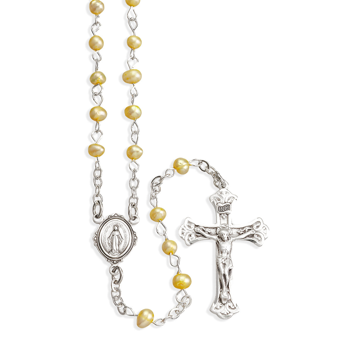 Gold Freshwater Pearl Rosary Sterling Crucifix and Centerpiece | .925 Silver