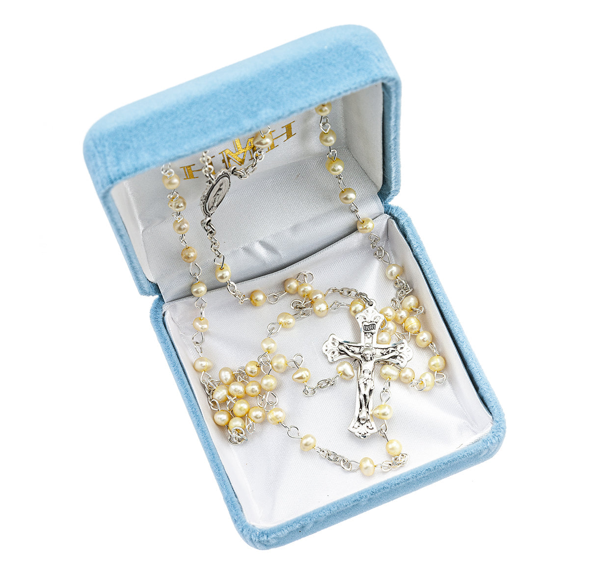 Gold Freshwater Pearl Rosary Sterling Crucifix and Centerpiece | .925 Silver