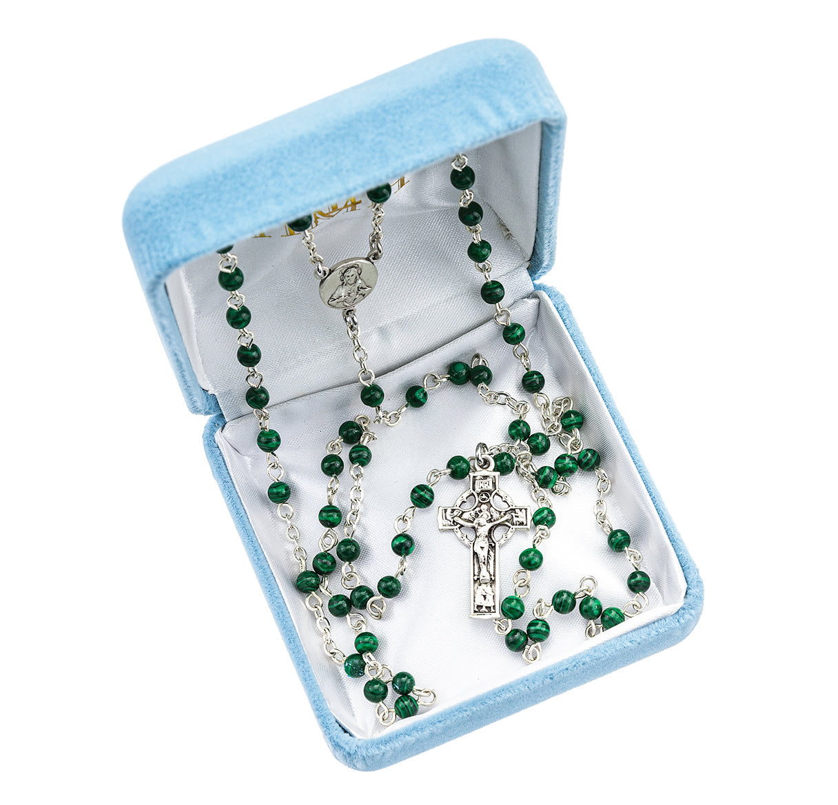 Genuine Malachite Rosary Sterling Crucifix and Centerpiece | .925 Silver
