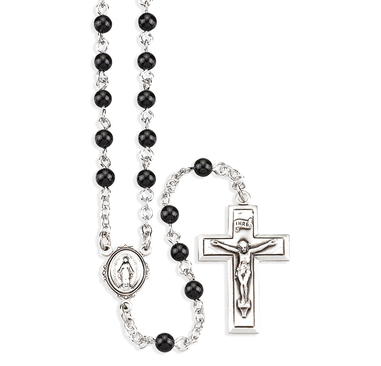 Genuine Onyx Rosary Sterling Crucifix and Centerpiece | .925 Silver