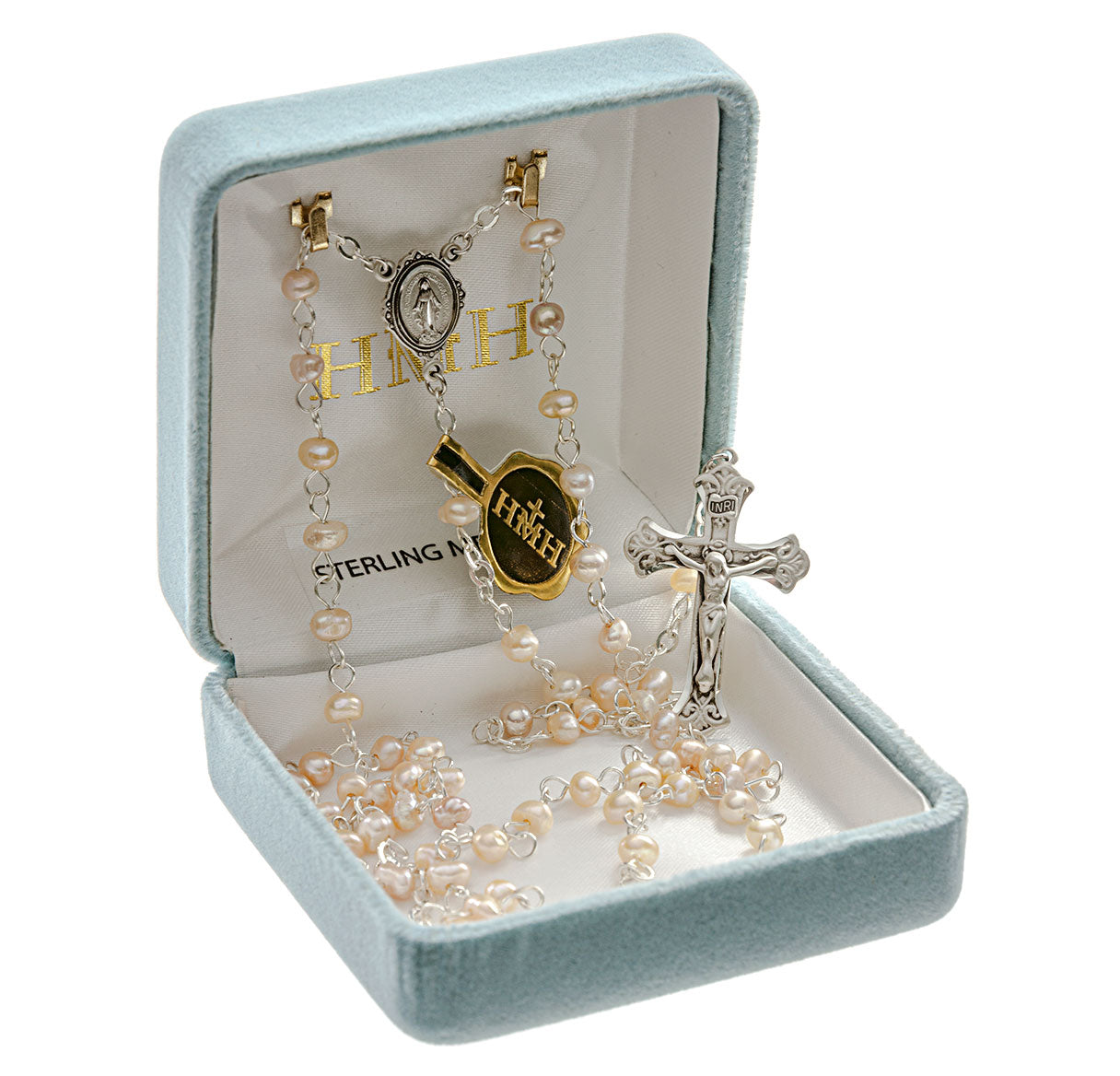 Rose Freshwater Pearl Rosary Sterling Crucifix and Centerpiece | .925 Silver