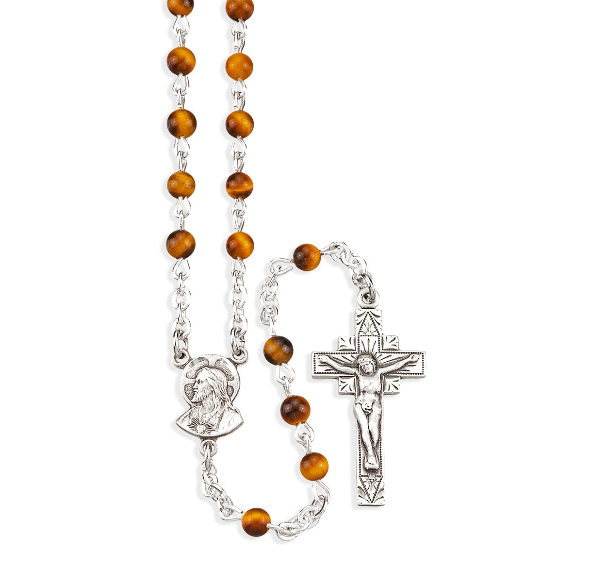 Genuine Tiger Eye Rosary Sterling Crucifix and Centerpiece | .925 Silver