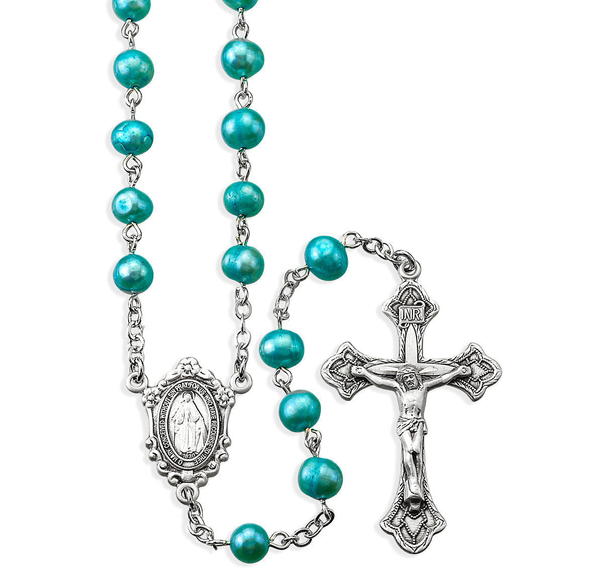 Blue Freshwater Pearl Rosary Sterling Crucifix and Centerpiece | .925 Silver