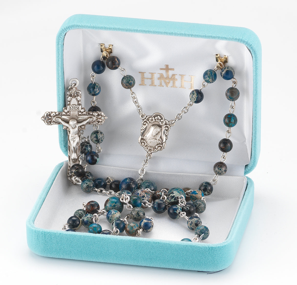 Round Imperial Jasper Blue Bead Rosary Sterling Crucifix and Centerpiece | .925 Silver