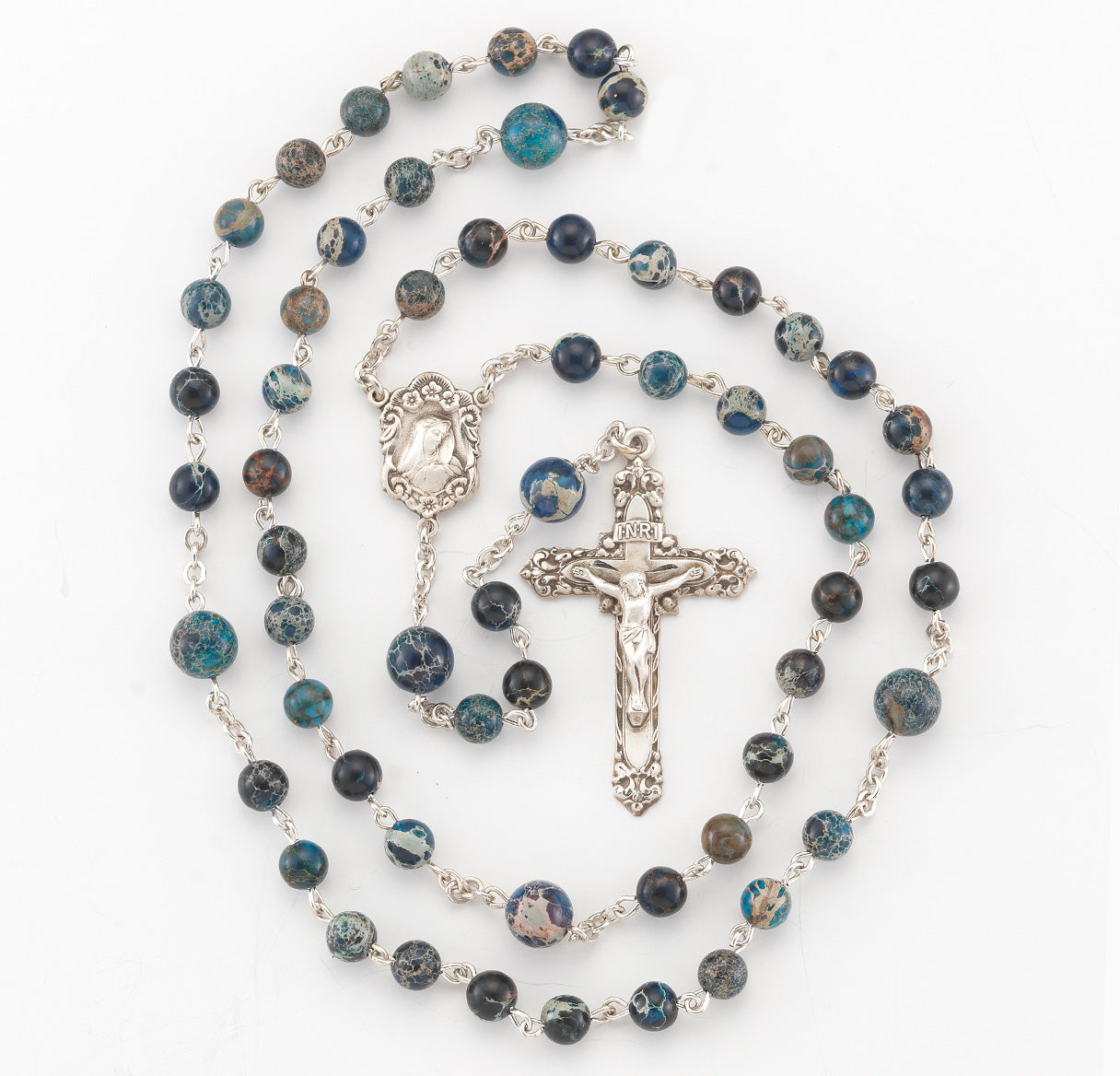 Round Imperial Jasper Blue Bead Rosary Sterling Crucifix and Centerpiece | .925 Silver
