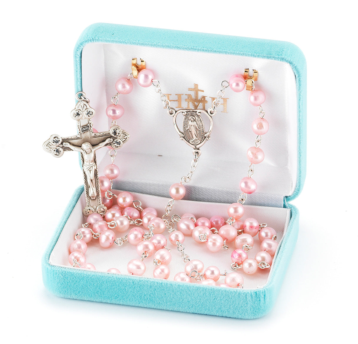 Pink Freshwater Pearl Rosary Sterling Crucifix and Centerpiece | .925 Silver