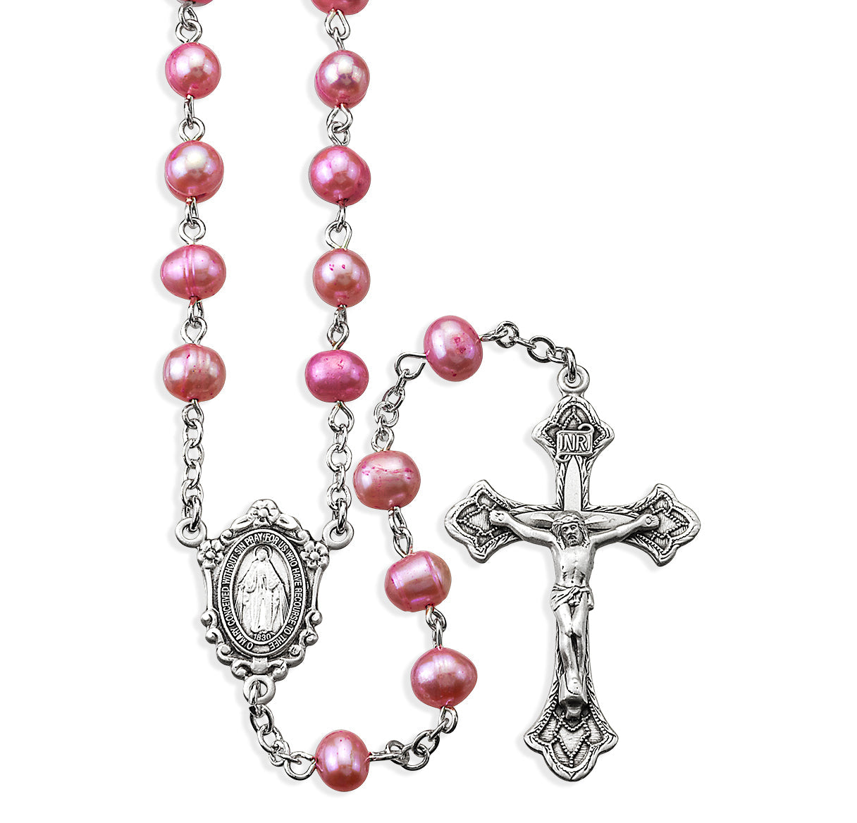 Pink Freshwater Pearl Rosary Sterling Crucifix and Centerpiece | .925 Silver