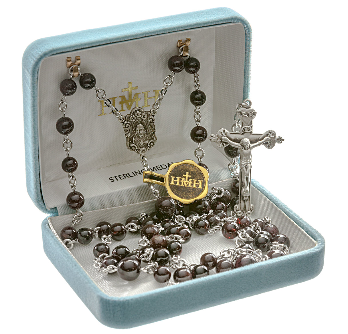 Round Garnet Bead Rosary Sterling Crucifix and Centerpiece | .925 Silver