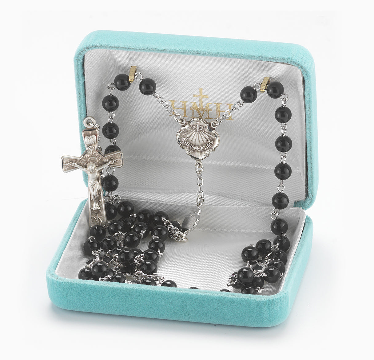 Round Genuine Onyx Rosary Sterling Crucifix and Centerpiece | .925 Silver