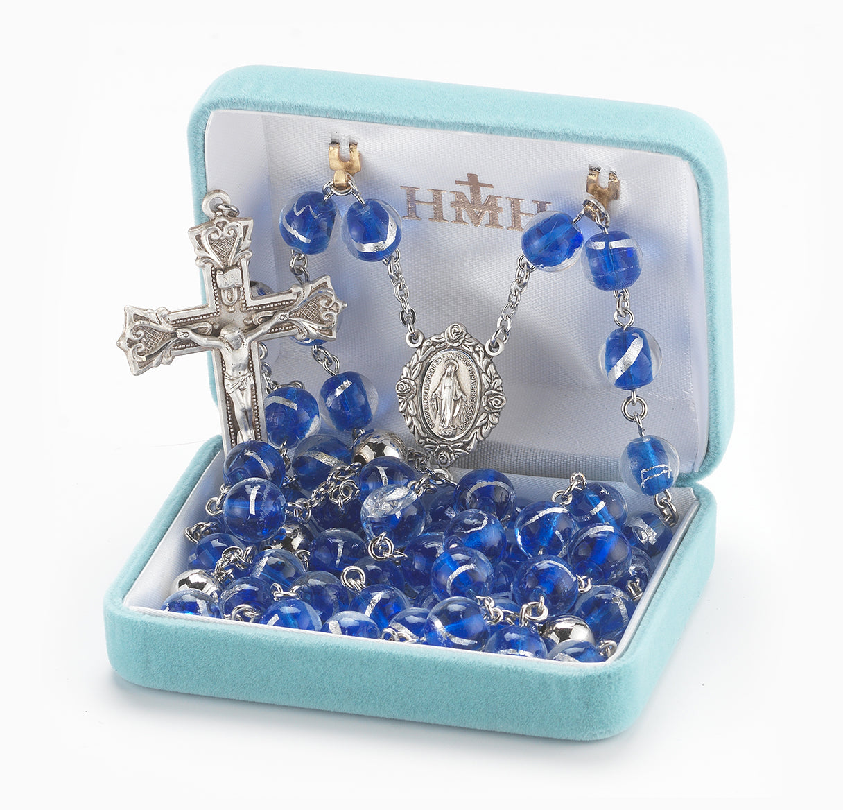 Blue Czech Glass Bead Rosary Sterling Crucifix and Centerpiece | .925 Silver