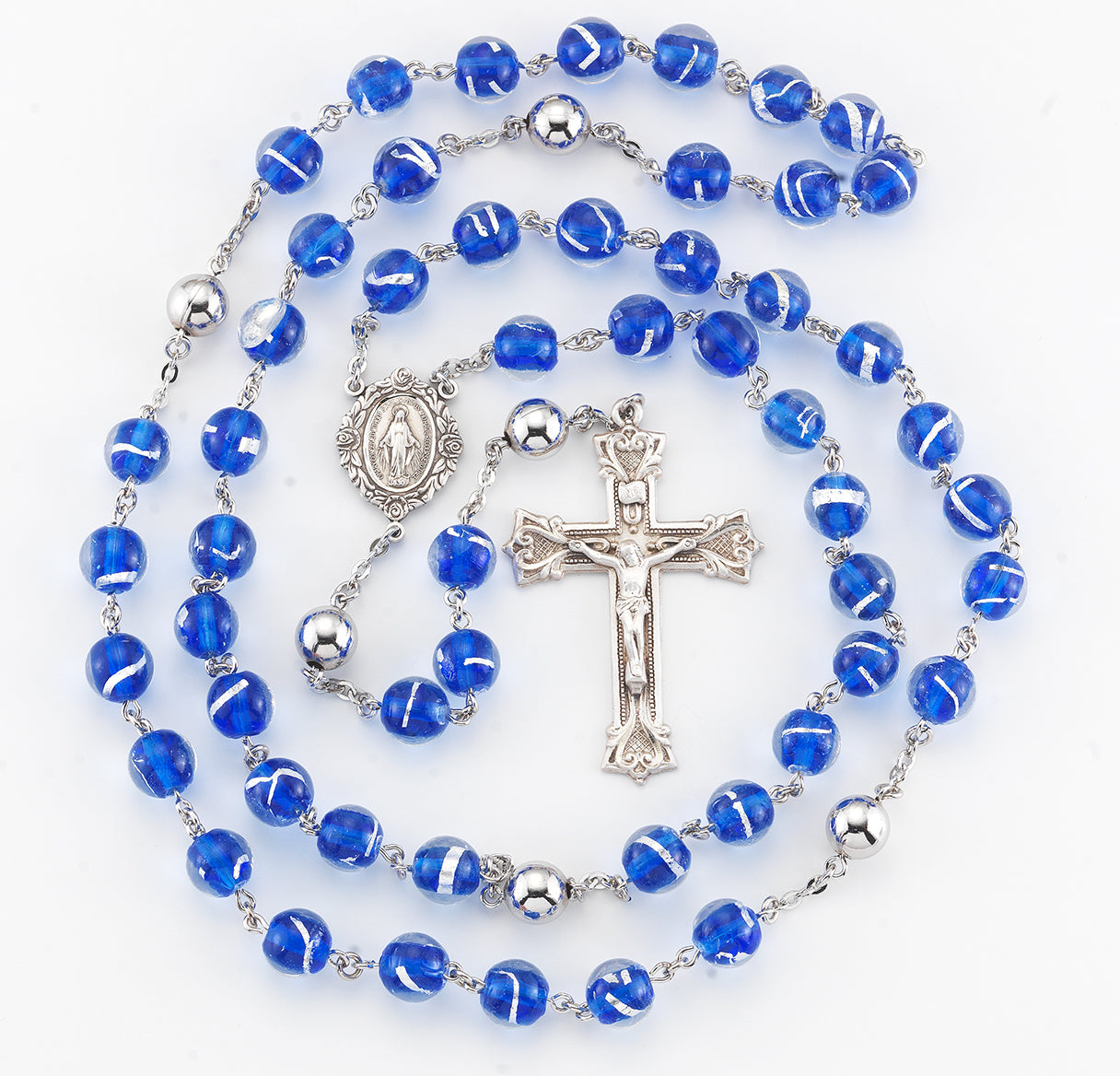 Blue Czech Glass Bead Rosary Sterling Crucifix and Centerpiece | .925 Silver
