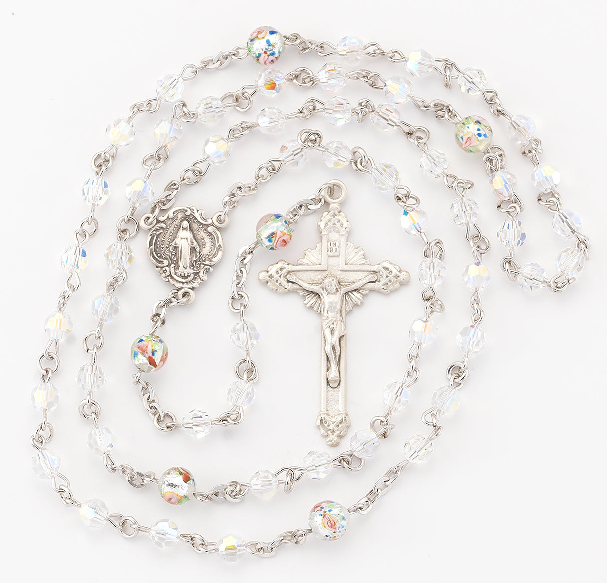 Rosary Sterling Crucifix and Centerpiece Created with finest Austrian Crystal 5mm Aurora Borealis Beads by HMH | .925 Silver