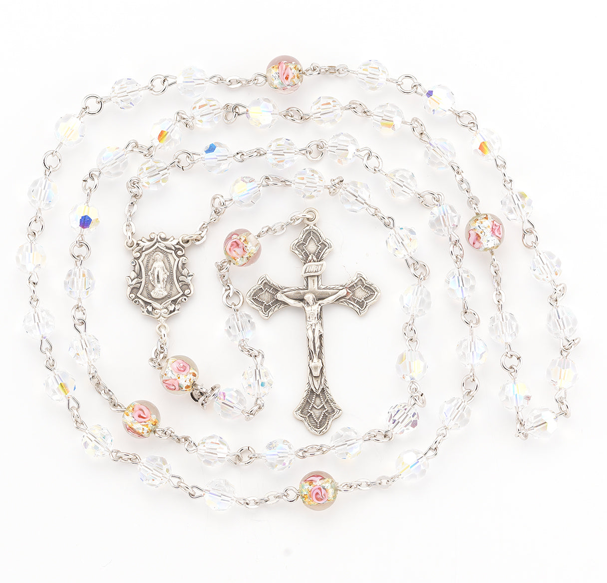 Rosary Sterling Crucifix and Centerpiece Created with finest Austrian Crystal 7mm Aurora Borealis Beads by HMH | .925 Silver