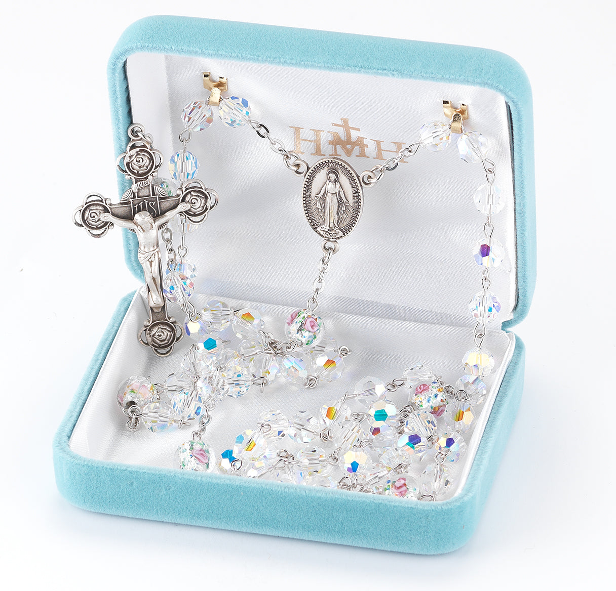 Rosary Sterling Crucifix and Centerpiece Created with finest Austrian Crystal 7mm Aurora Borealis Beads by HMH | .925 Silver