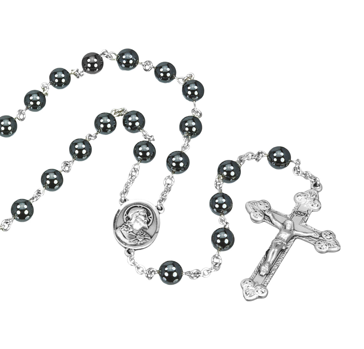 Round Genuine Hematite Rosary Sterling Crucifix and Centerpiece | .925 Silver