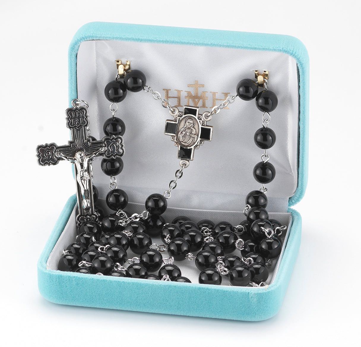 Round Onyx Bead Rosary Sterling Crucifix and Centerpiece | .925 Silver