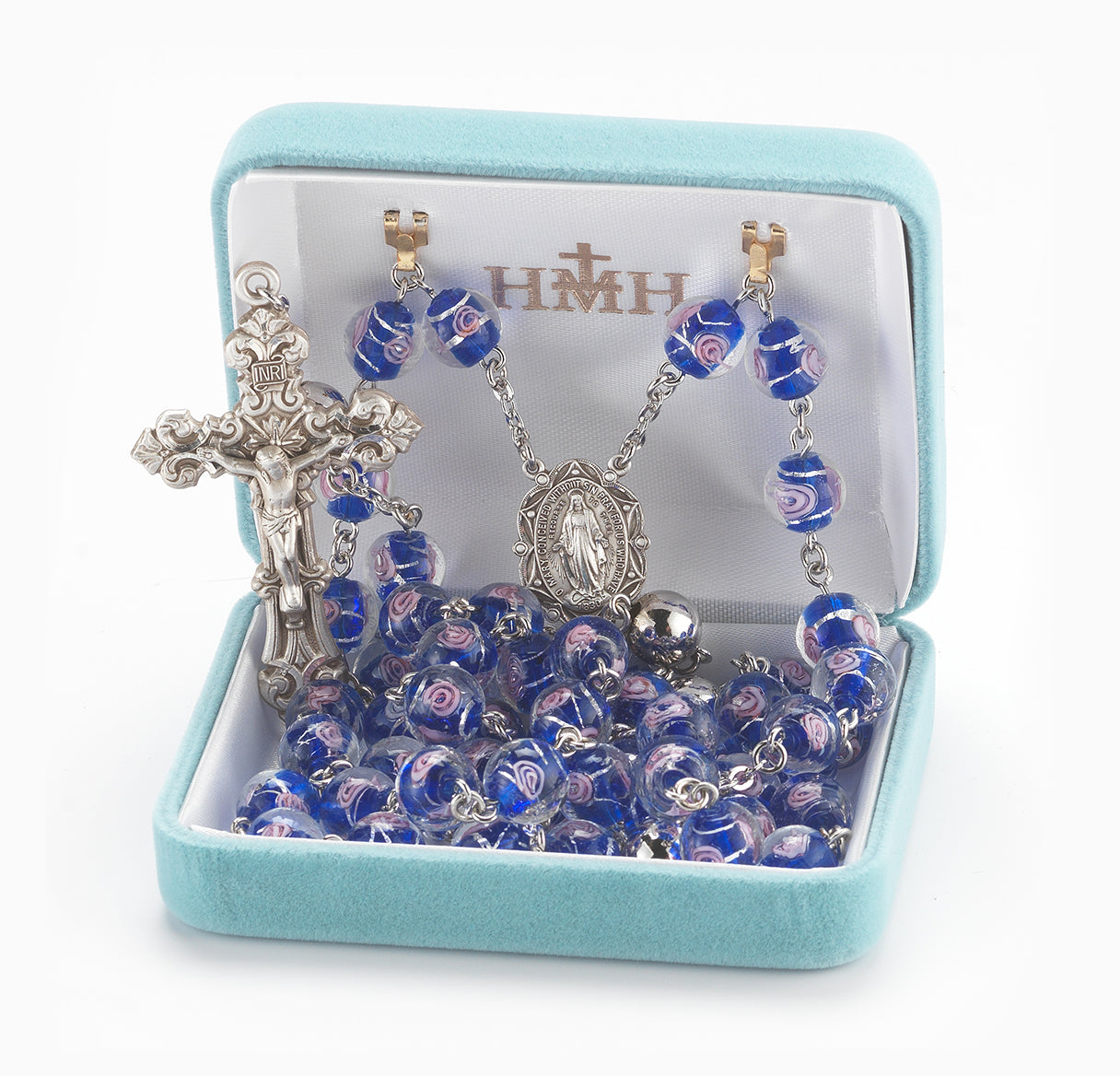 Blue Czech Glass Beads with Pink Flowers Rosary Sterling Crucifix and Centerpiece | .925 Silver