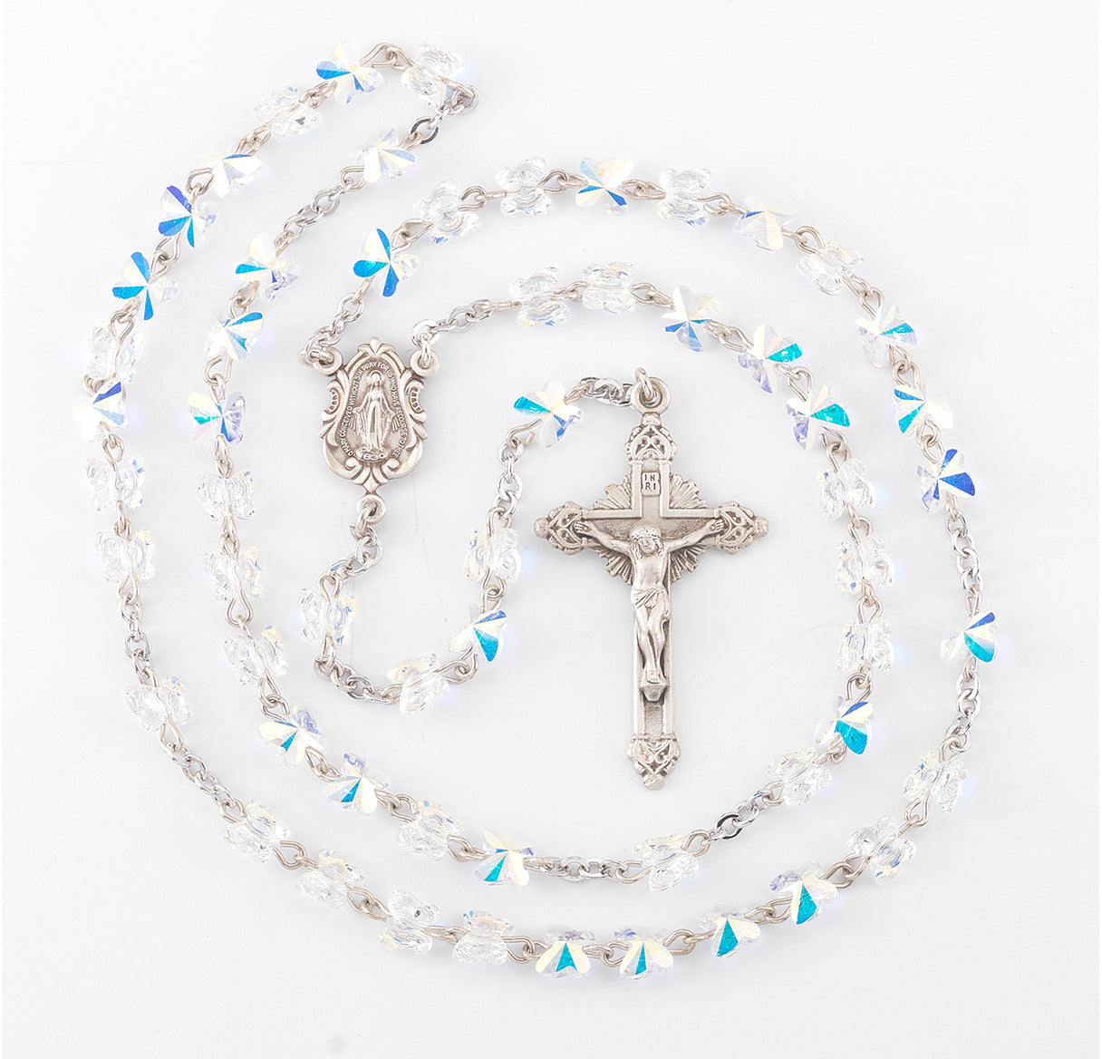 Rosary Sterling Crucifix and Centerpiece Created with finest Austrian Crystal 6mm Butterfly Beads in Aurora Borealis by HMH