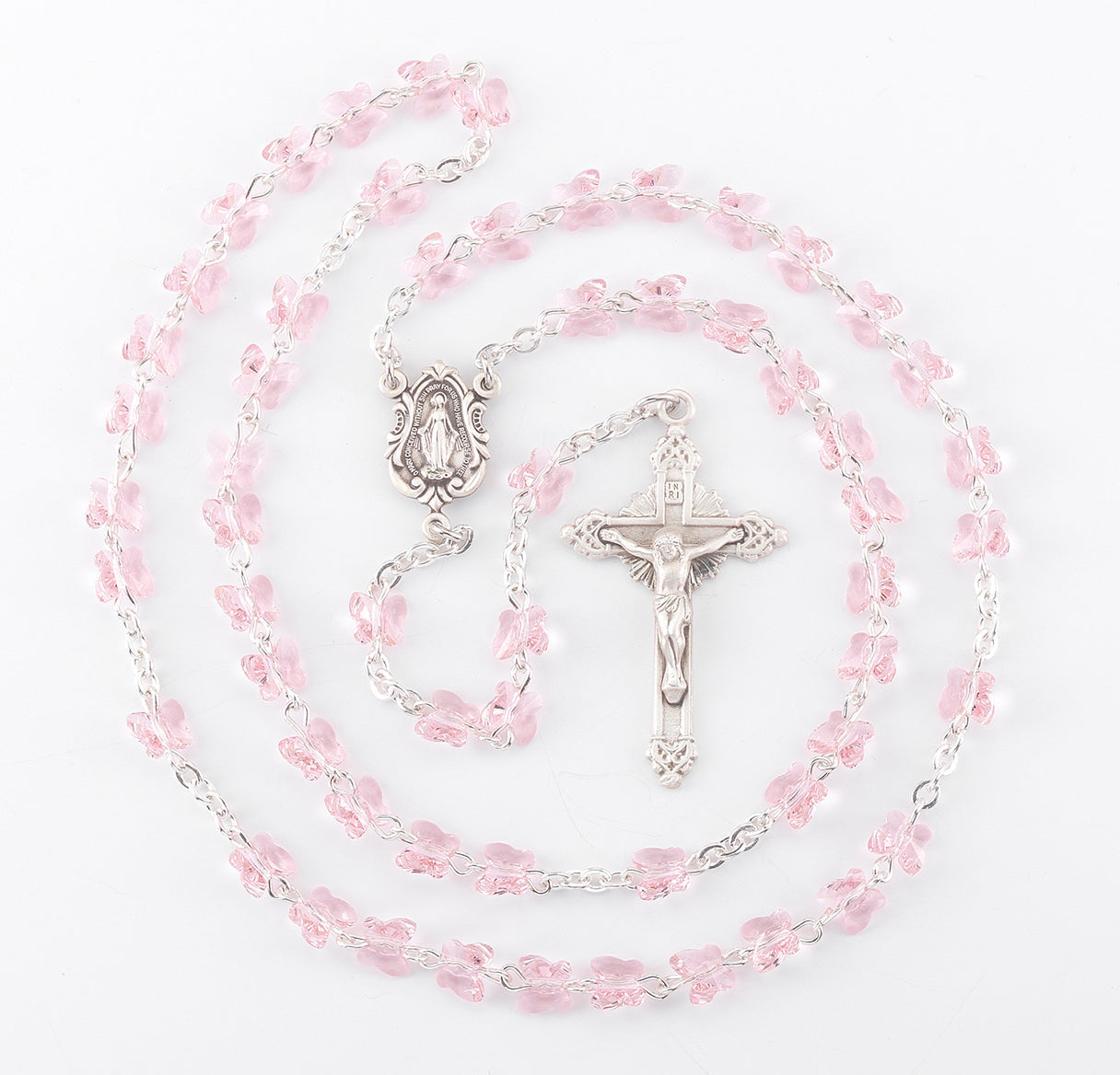 Rosary Sterling Crucifix and Centerpiece Created with finest Austrian Crystal 6mm Butterfly Beads in Light Rose by HMH