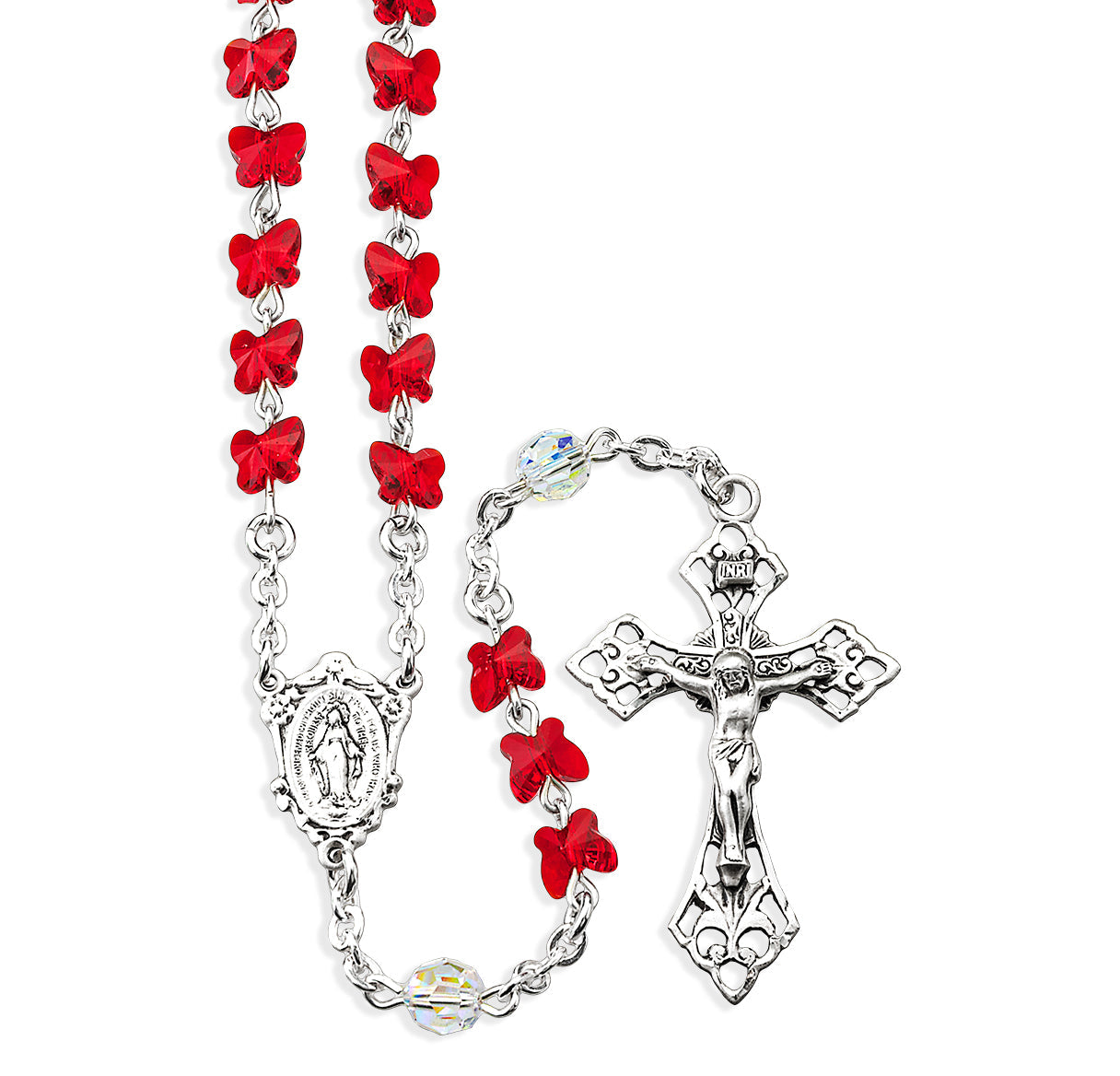 6mm Ruby Finest Crystal Butterfly Beads with Sterling Crucifix and Center Necklace | .925 Silver