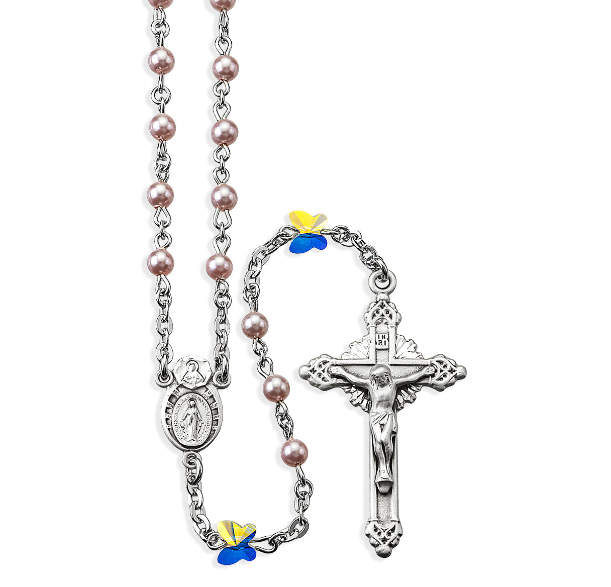 4mm Finest Pearl Beads with 6mm Finest Aurora Crystal Butterfly O.F. Beads Necklace | Catholic Jewelry