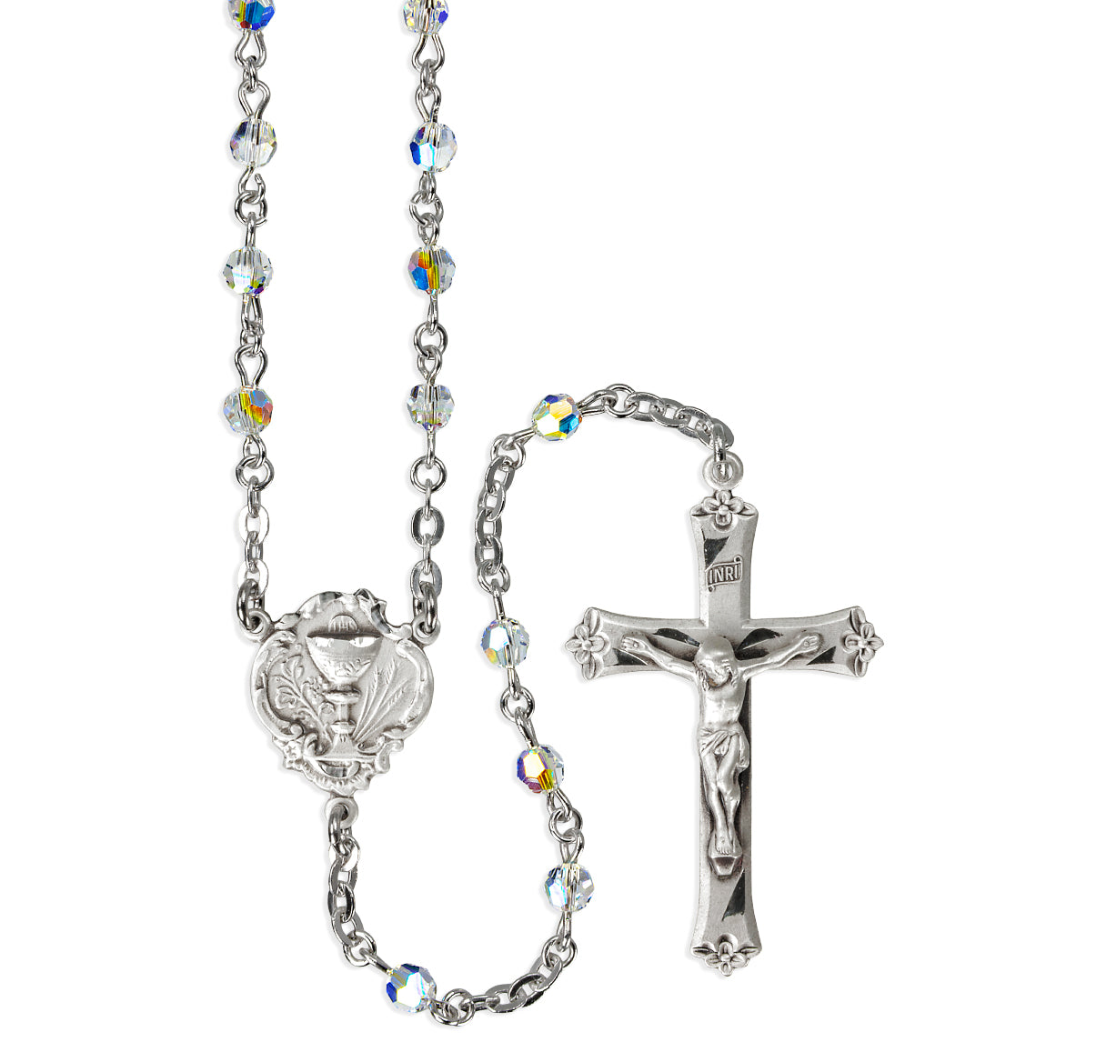 Rosary Sterling Crucifix and Centerpiece Created with finest Austrian Crystal 4mm Aurora Borealis Faceted Beads by HMH