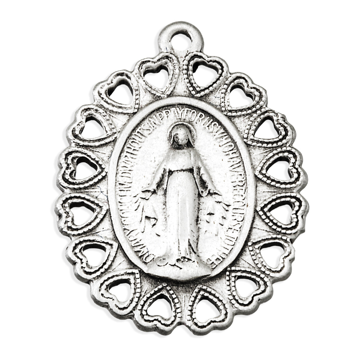 Sterling Silver Miraculous Medal With Heart Patterned Border