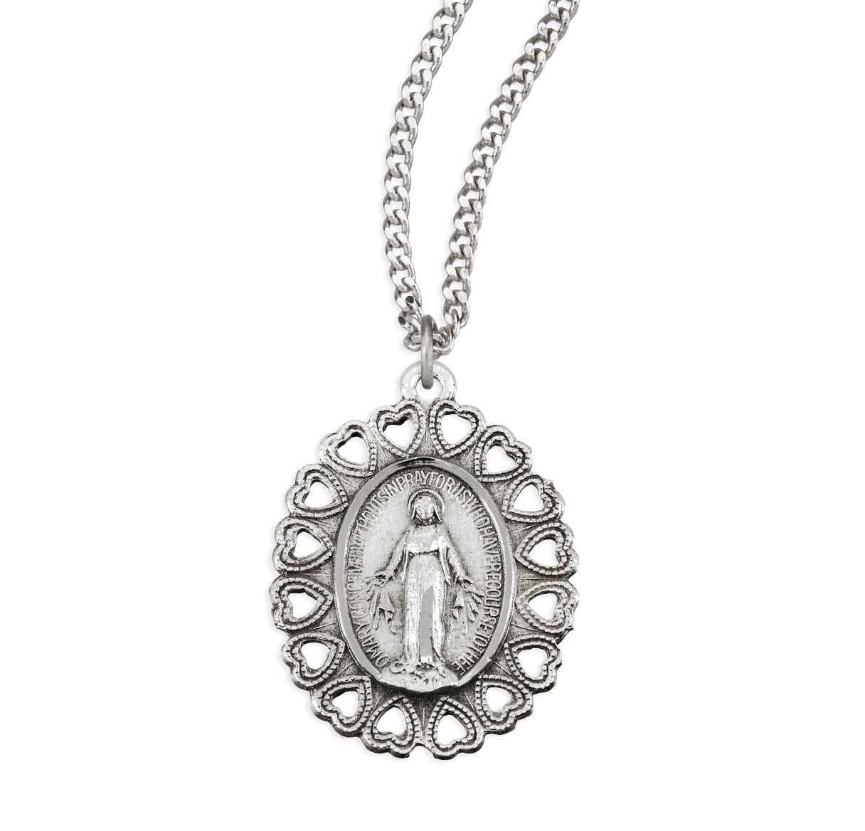 Sterling Silver Miraculous Medal With Heart Patterned Border