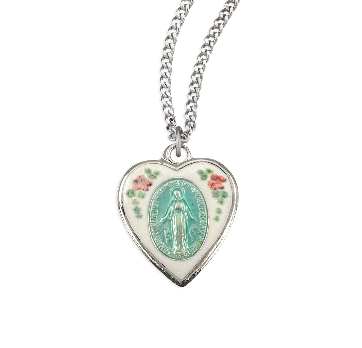 Sterling Silver Miraculous Medal In Floral Epoxy Heart