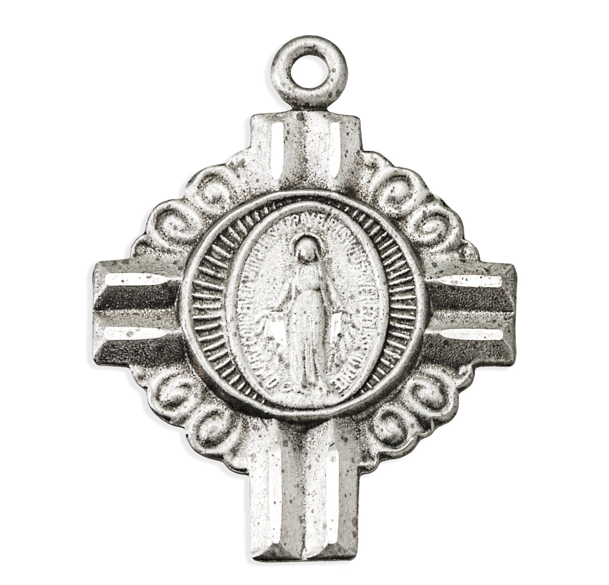 Sterling Silver Miraculous Medal Columned Cross 24" Surgical Stainless Steel Curb Chain With Scrolled Halo design