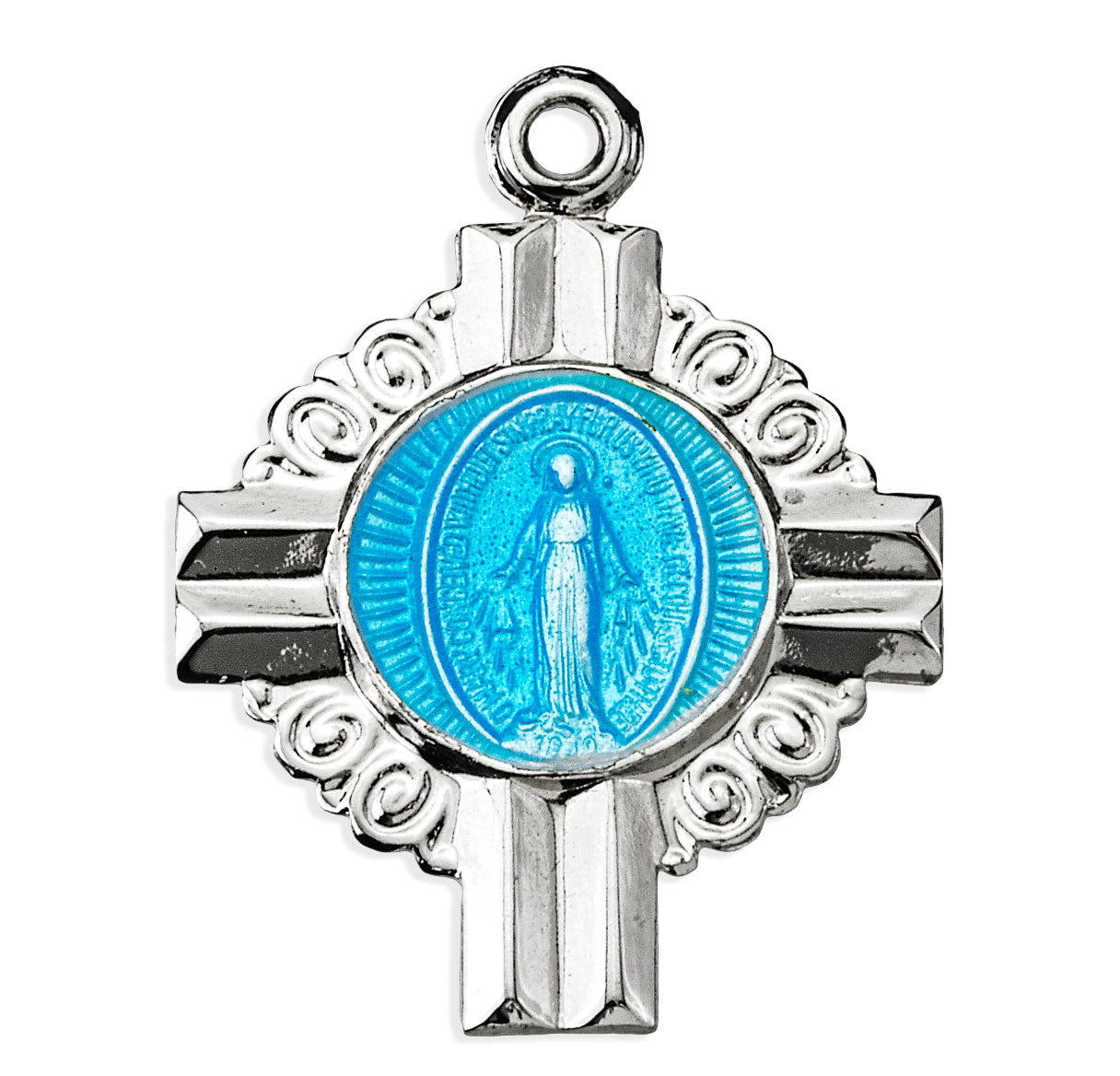 Sterling Silver Miraculous Medal With Blue Epoxy In Columned Cross With Scrolled Halo Details