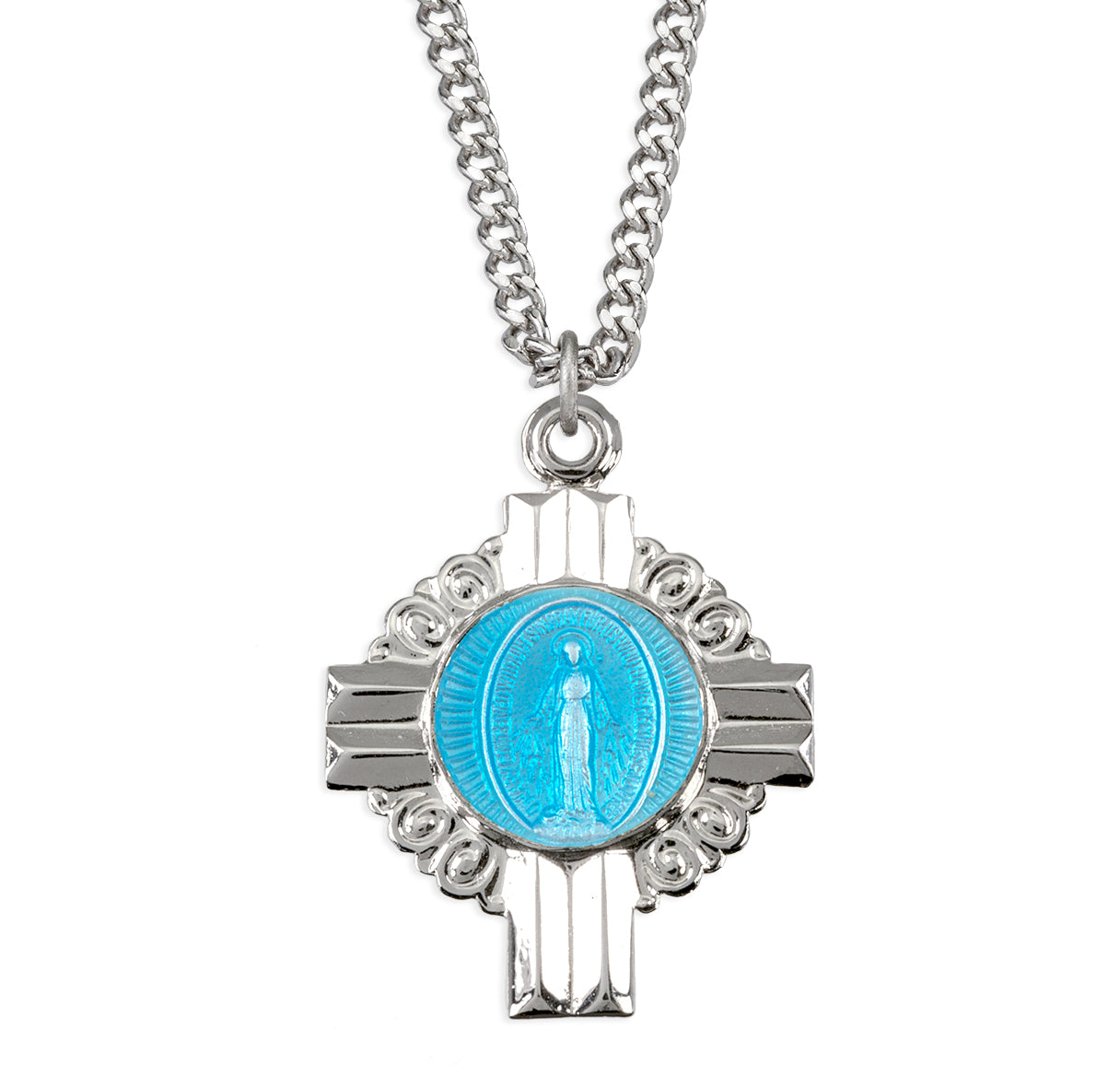 Sterling Silver Miraculous Medal With Blue Epoxy In Columned Cross With Scrolled Halo Details
