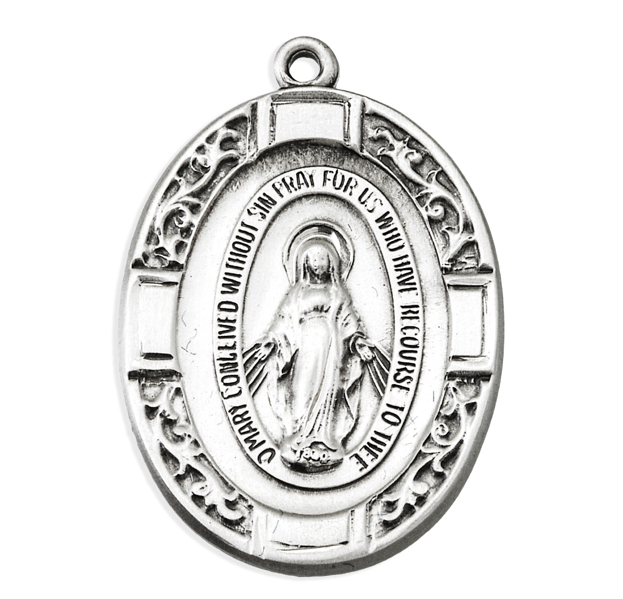 Sterling Silver Oval Miraculous Medal With Vine Border And Cross Design